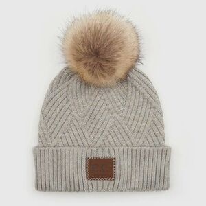 Gray Knit Beanie with Faux Fur Pom